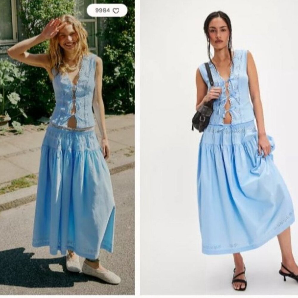 NEW FREE PEOPLE cotton gesibelle skirt top set in blue poplin s - Picture 2 of 3